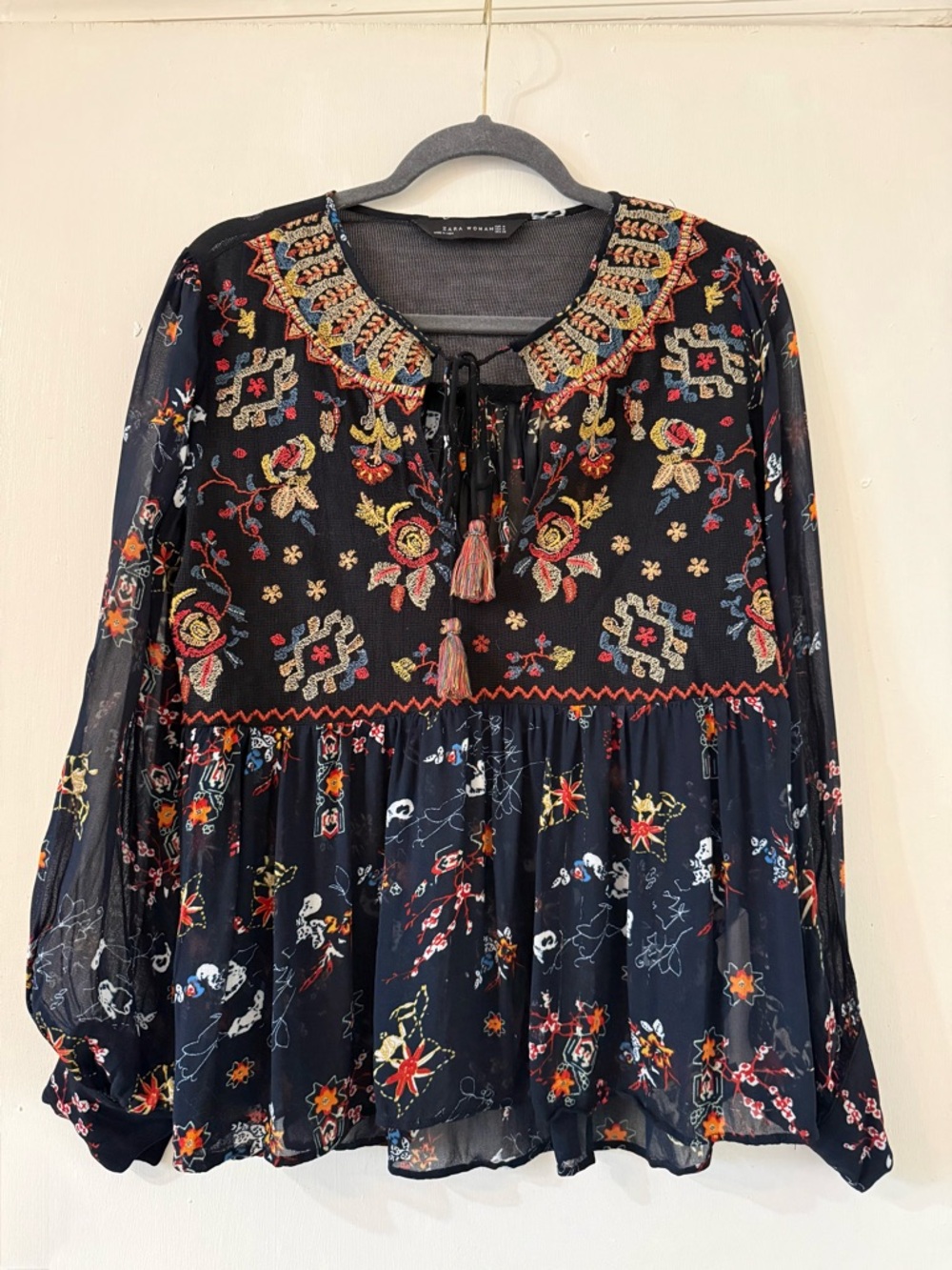 Zara Black Floral Embroidered Boho Blouse with Tassels